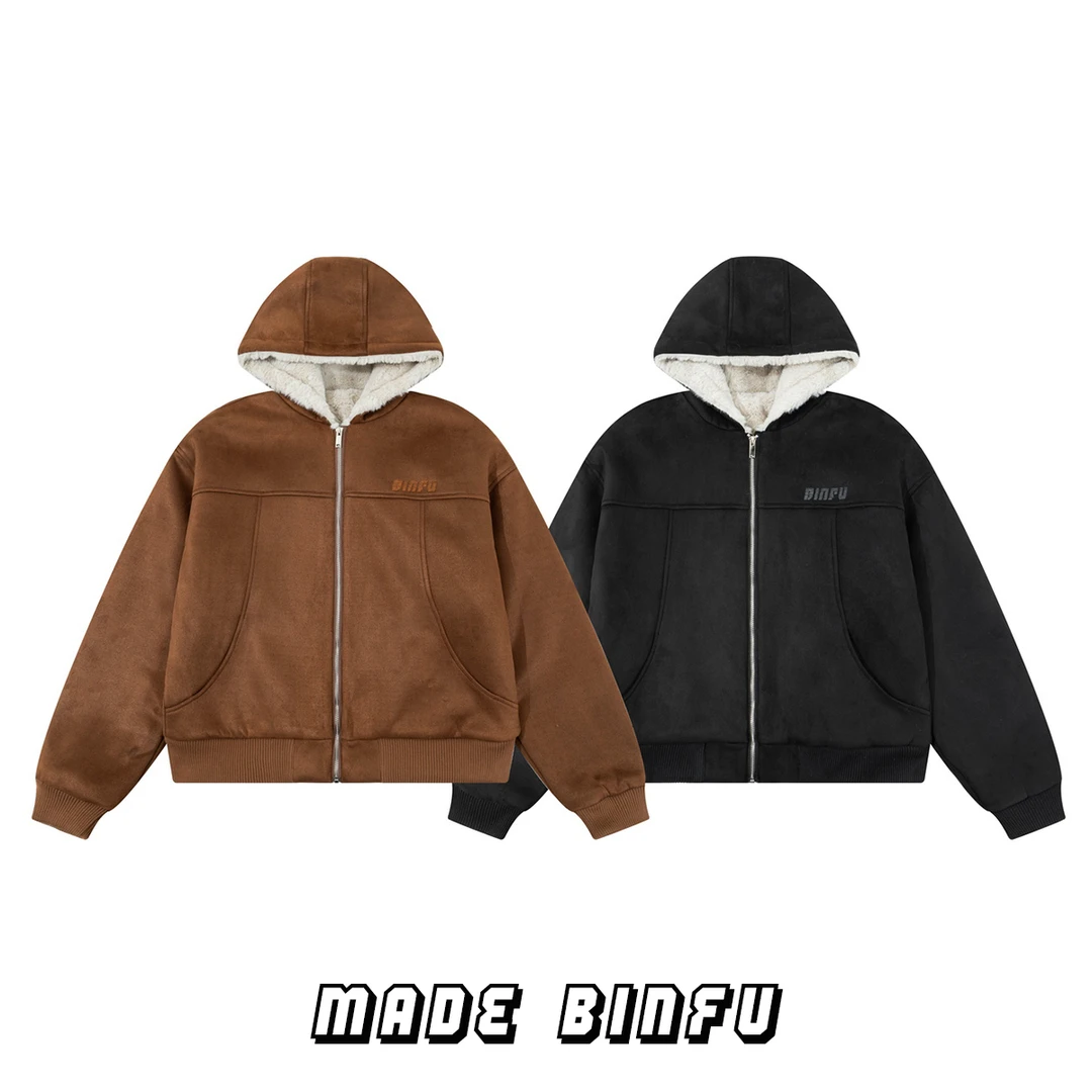 BINFU 冬装复古风男女同款宽松刺绣加厚保暖连帽棉服外套