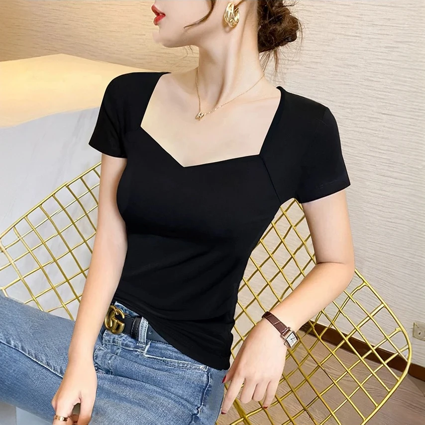 黑色法式V领短袖t恤女紧身春季2025新款打底衫设计感低领正肩上衣