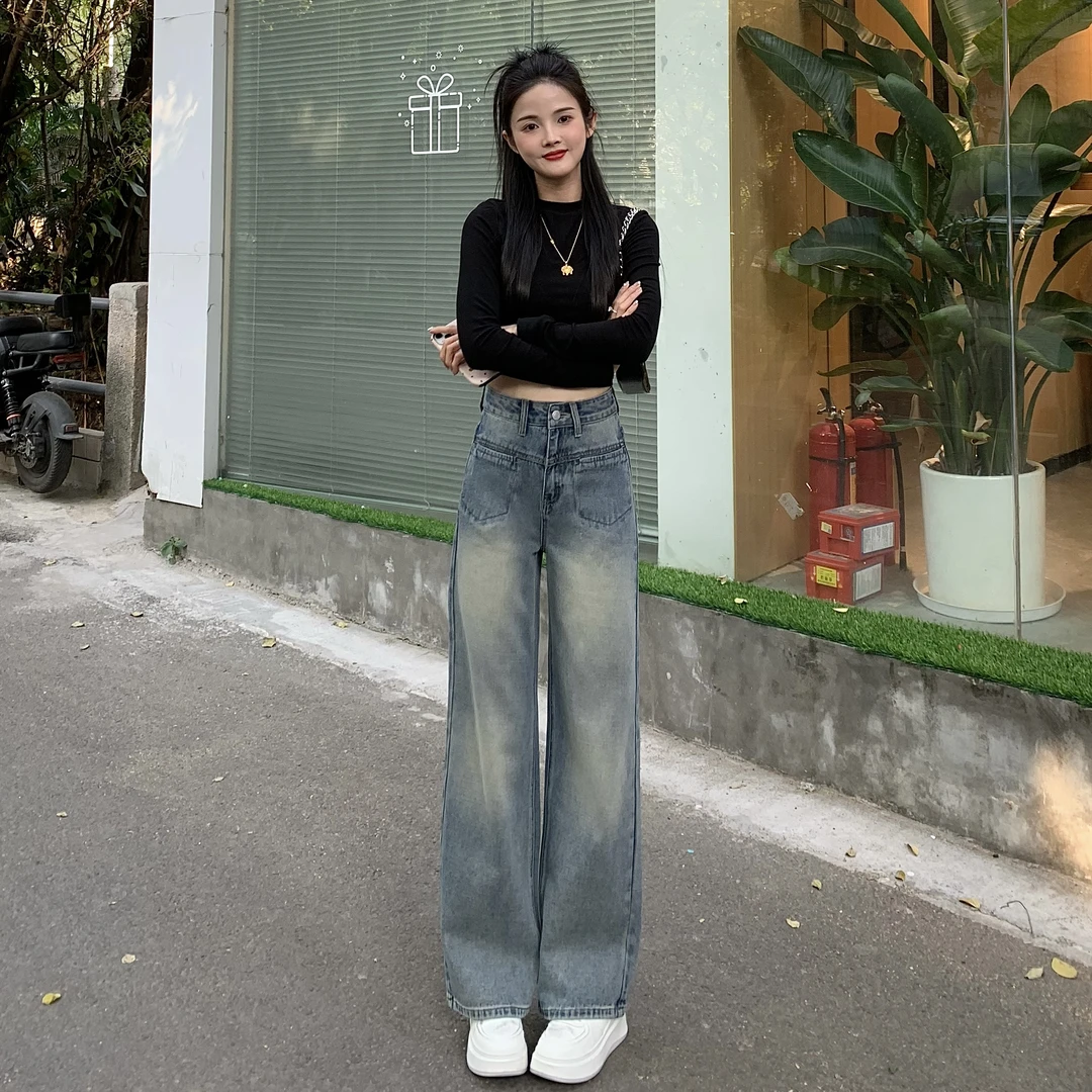 【送腰带】2025年春季新款高腰宽松复古蓝百搭显瘦直筒设计感裤子