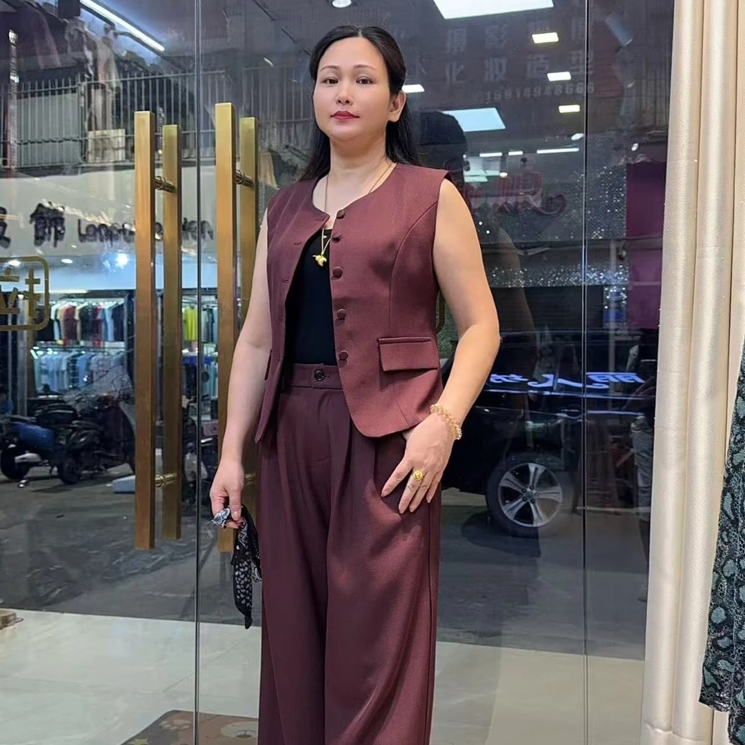 早秋时尚西装马甲长袖打底衫阔腿裤通勤风女装