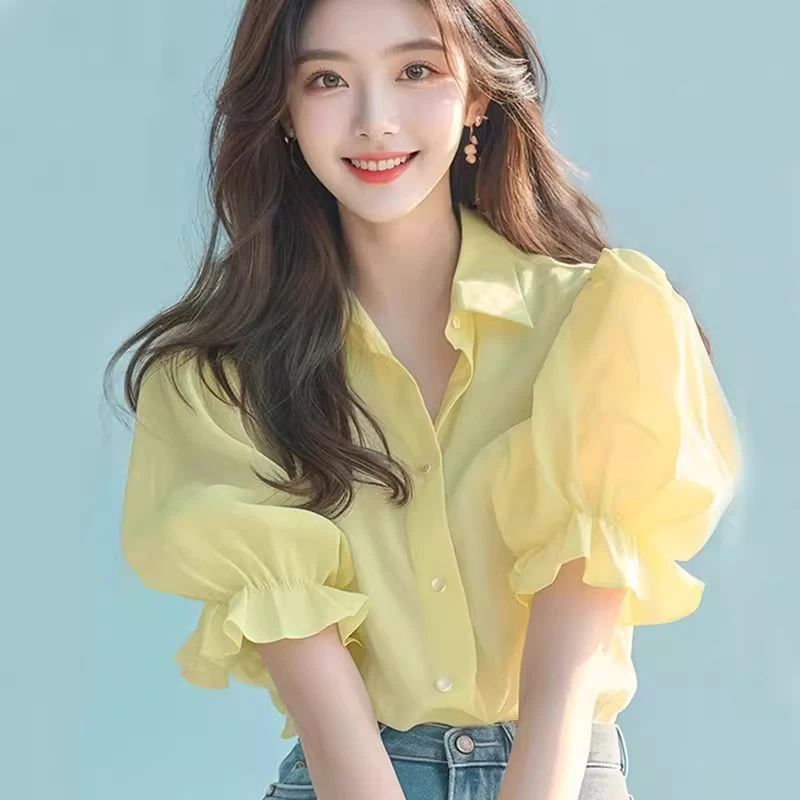 新款时尚洋气百搭女装小衫小众高端法式时尚高级感黄色泡泡袖衬衫