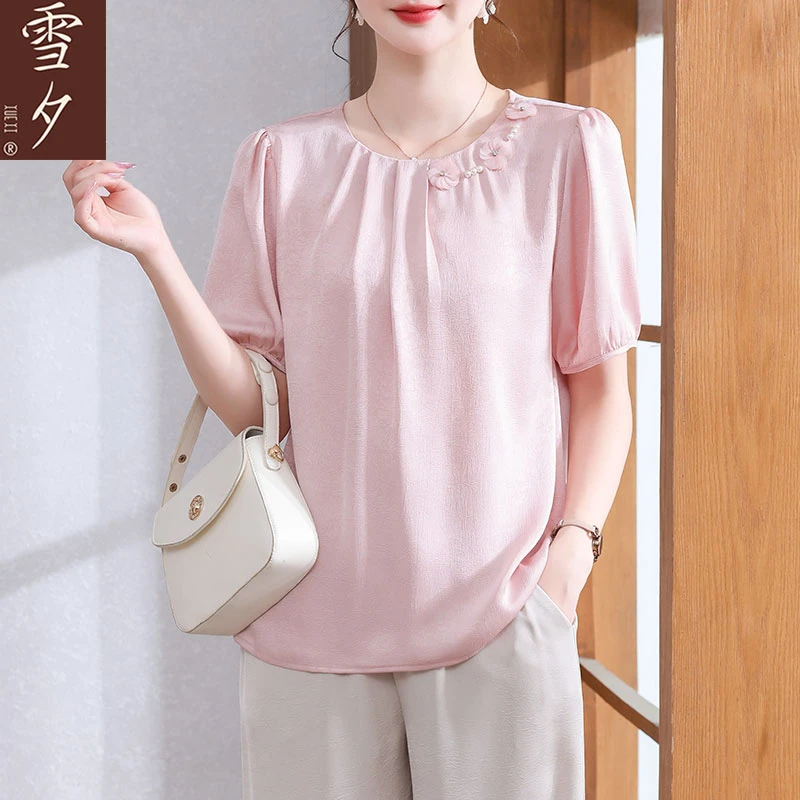 雪夕妈妈夏装短袖雪纺小衫中老年女宽松T恤气质上衣套装2025新款