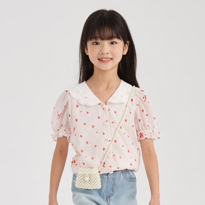 [商场同款]EP雅莹童装夏女童新款洋气泡泡袖爱心印花短衬衫