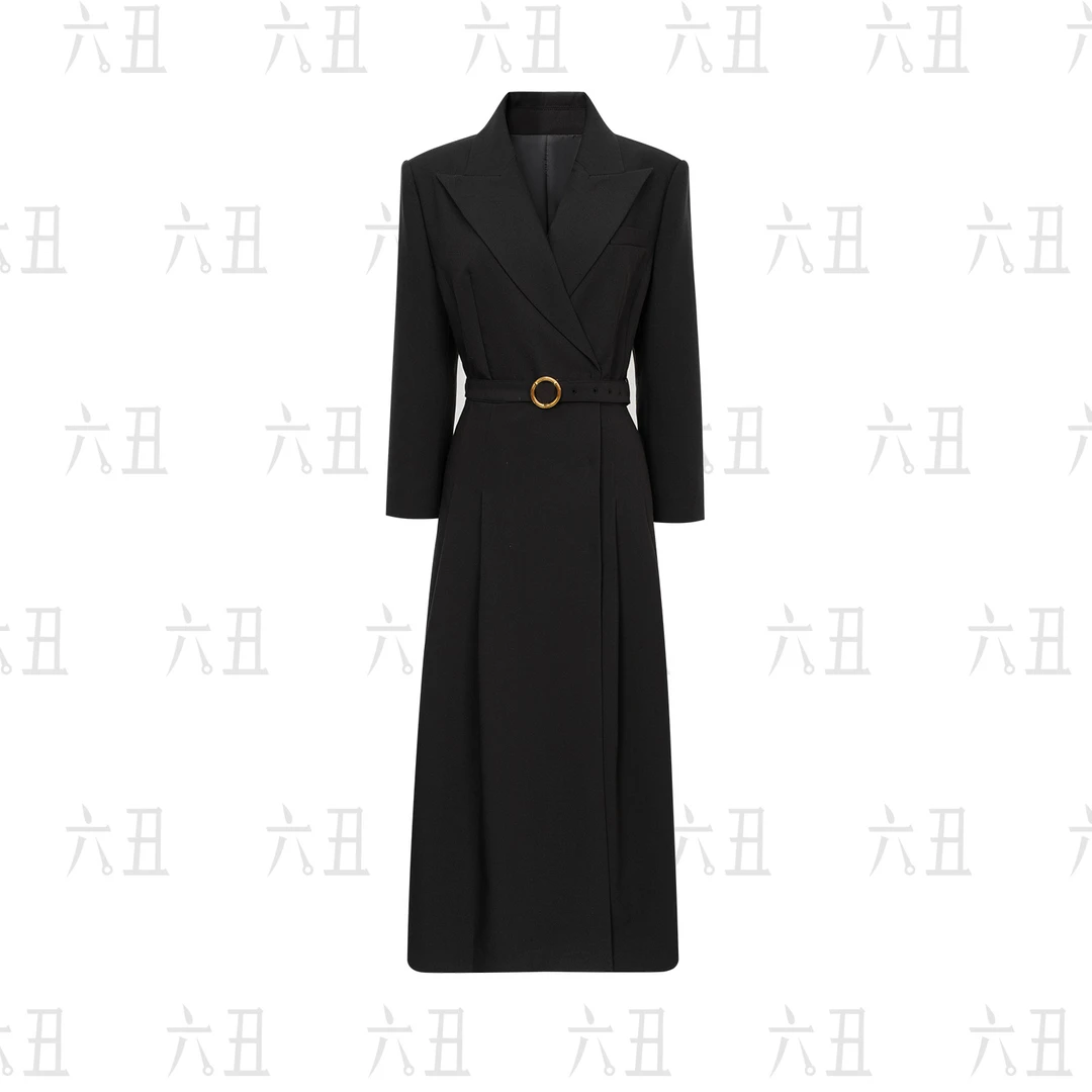 【六丑】新款高级气质显瘦时尚V金扣腰带风衣连衣裙508LYQ1092