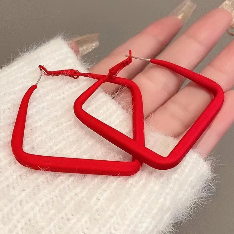 合金树脂耳饰 红色方形圆圈时尚耳环简约轻奢高级感夸张大耳饰