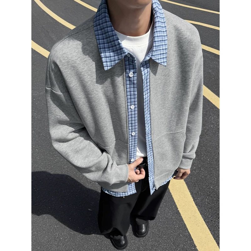 格子假两件圆领针织开衫毛衣男士休闲衬衫时尚宽松秋季韩系学院风