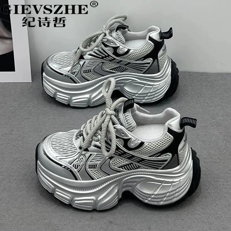 纪诗哲银色增高女鞋2025新款秋季ins网红厚底松糕运动休闲老爹鞋