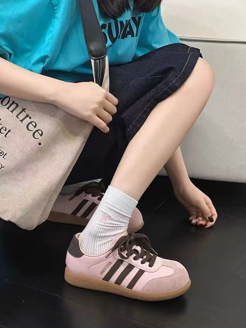 系带百搭浅口厚底平底时尚时尚休闲鞋德训鞋圆头拼色