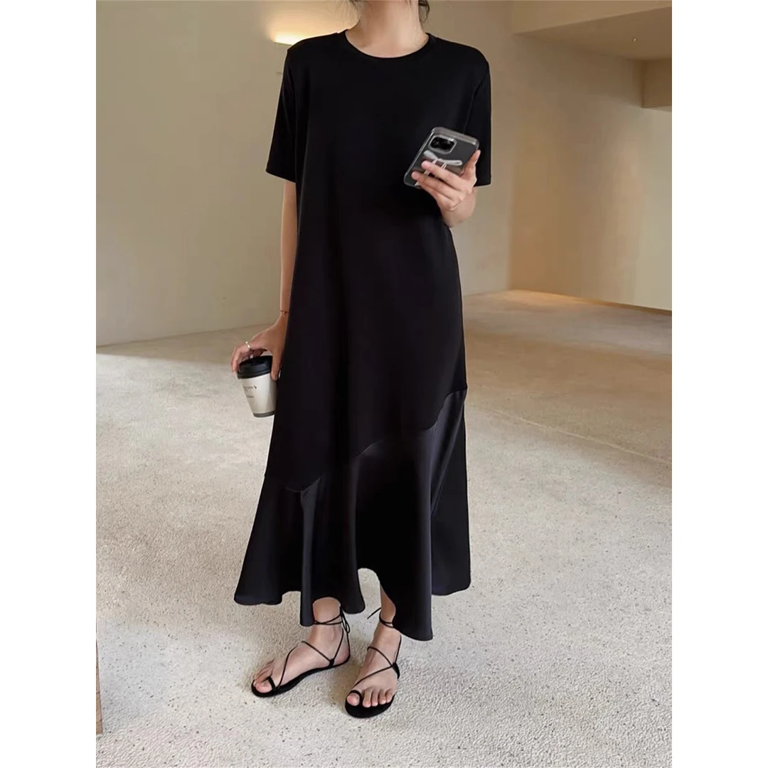 韩版圆领醋酸下摆拼接铜氨丝连衣裙女2025年春夏宽松