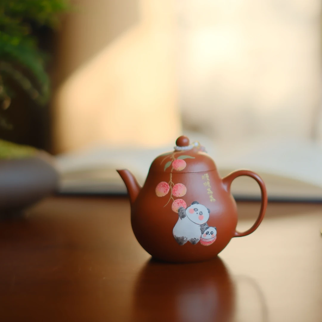 大碗茶器【顺顺荔荔·梨型】宜兴朱泥泥绘原矿紫砂壶120cc