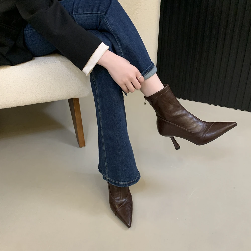 2025秋冬新款法式尖头细跟瘦瘦靴女性感软皮弹力裸靴百搭高跟短靴