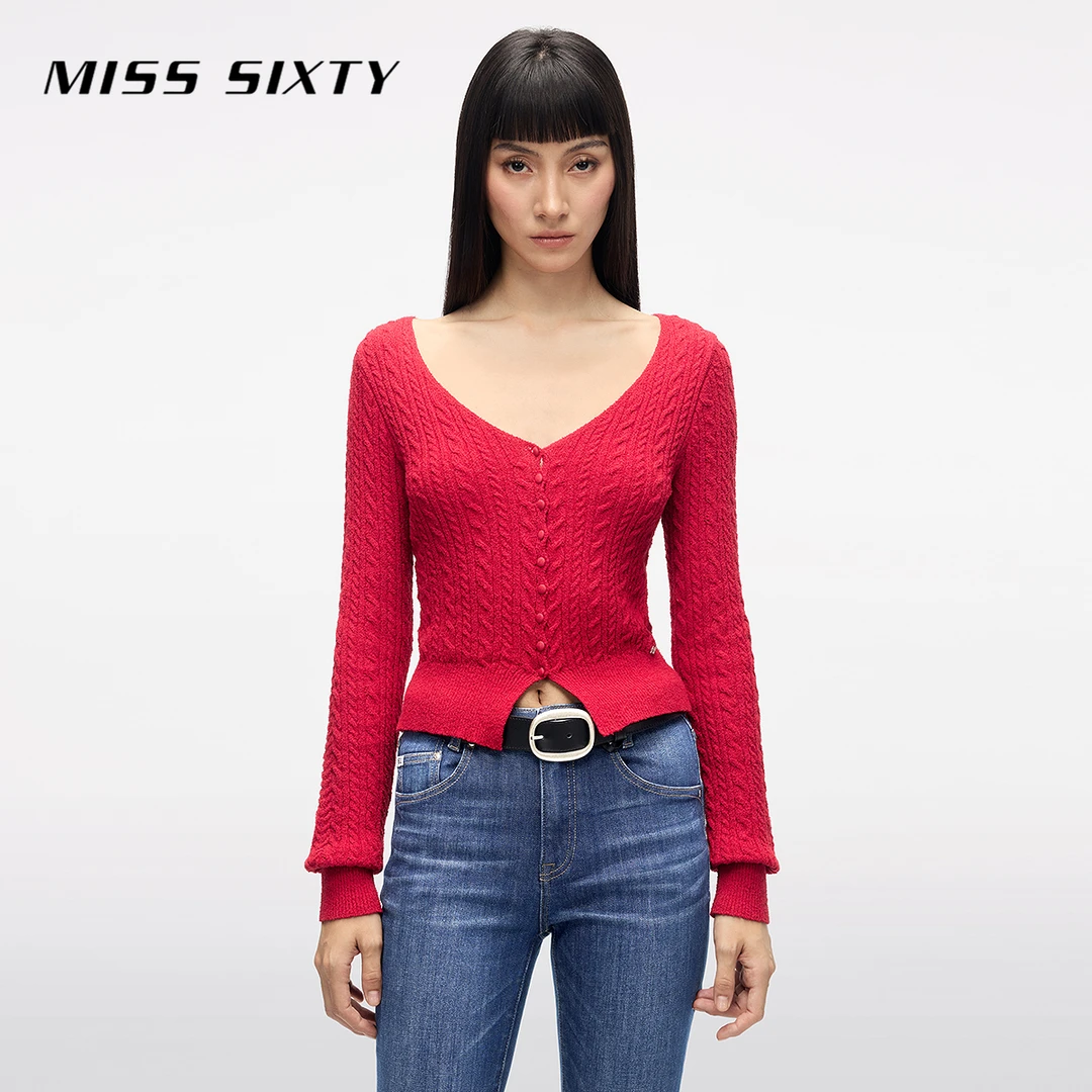 Miss Sixty25春新款毛针织衫V领显瘦开衫外套气质上衣欧若假日风