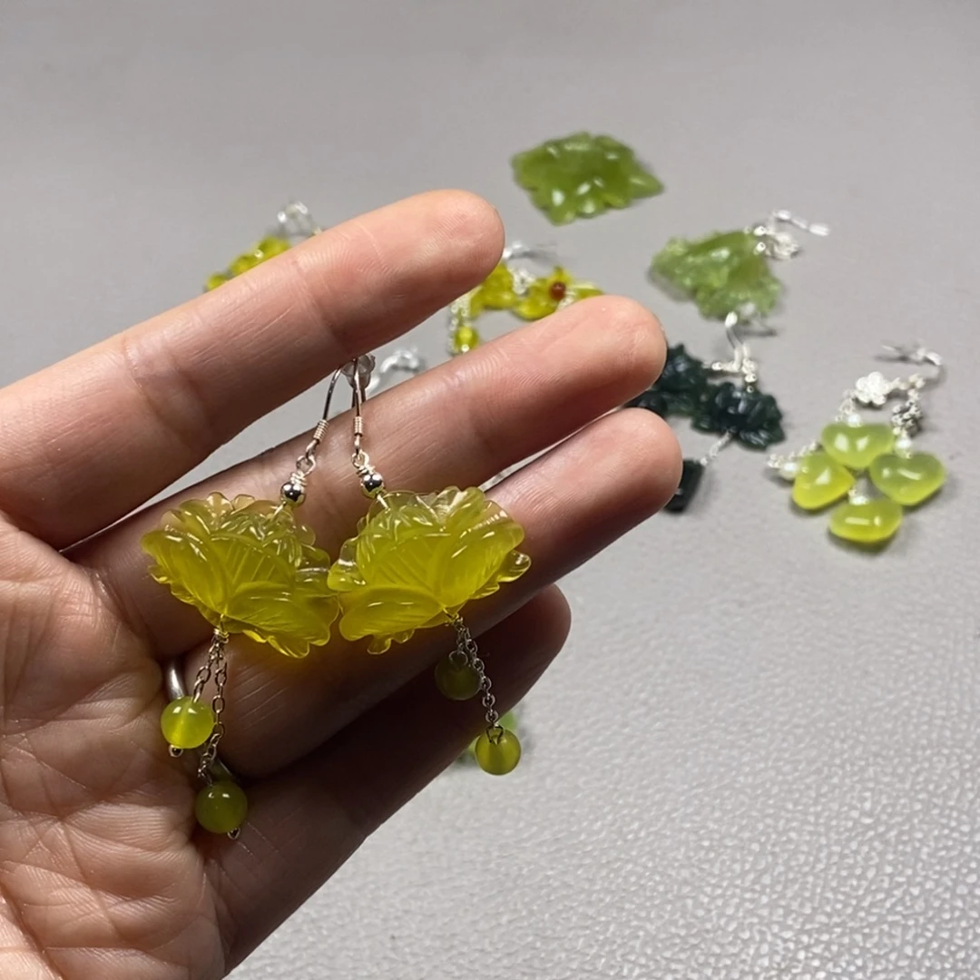 蛇纹石玉银S925镶嵌挂件耳饰