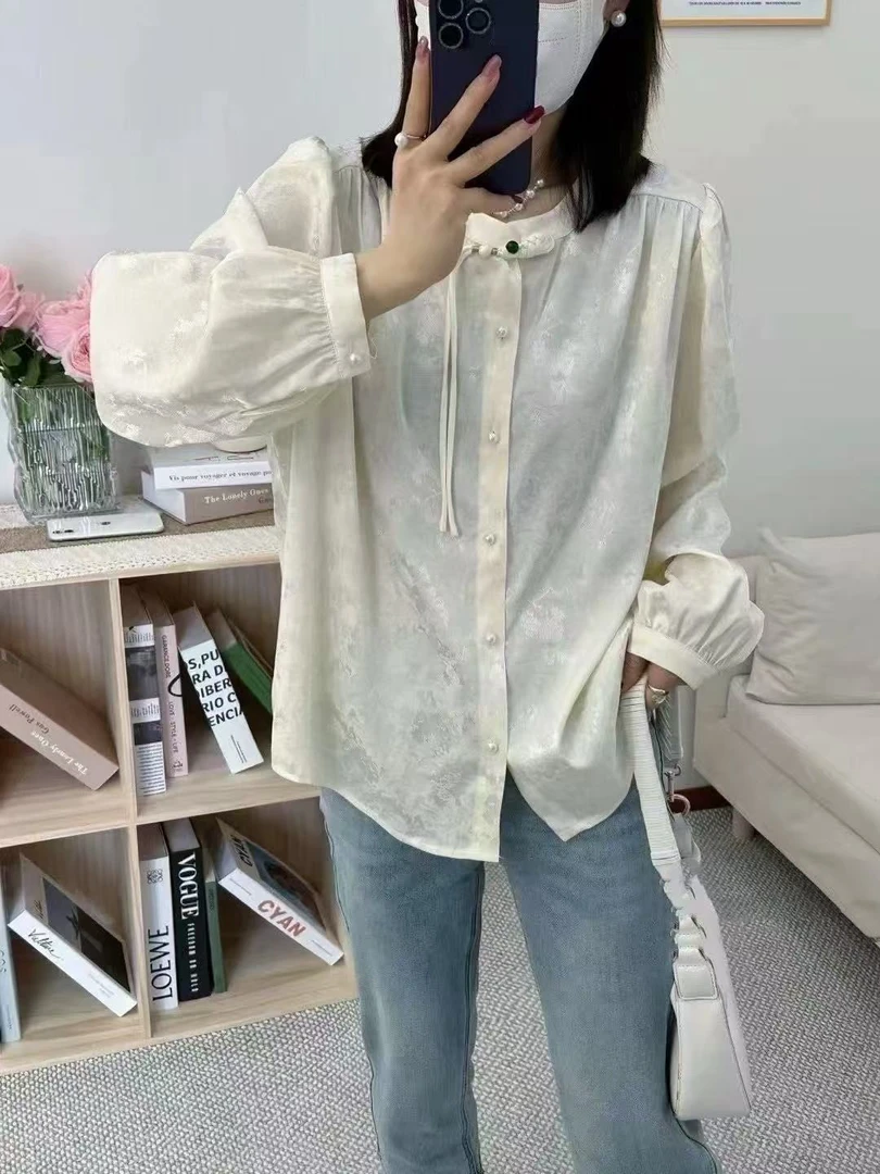 新中式女装国风衬衫女早春新款打底衫温柔珍珠扣衬衣内搭上衣A043