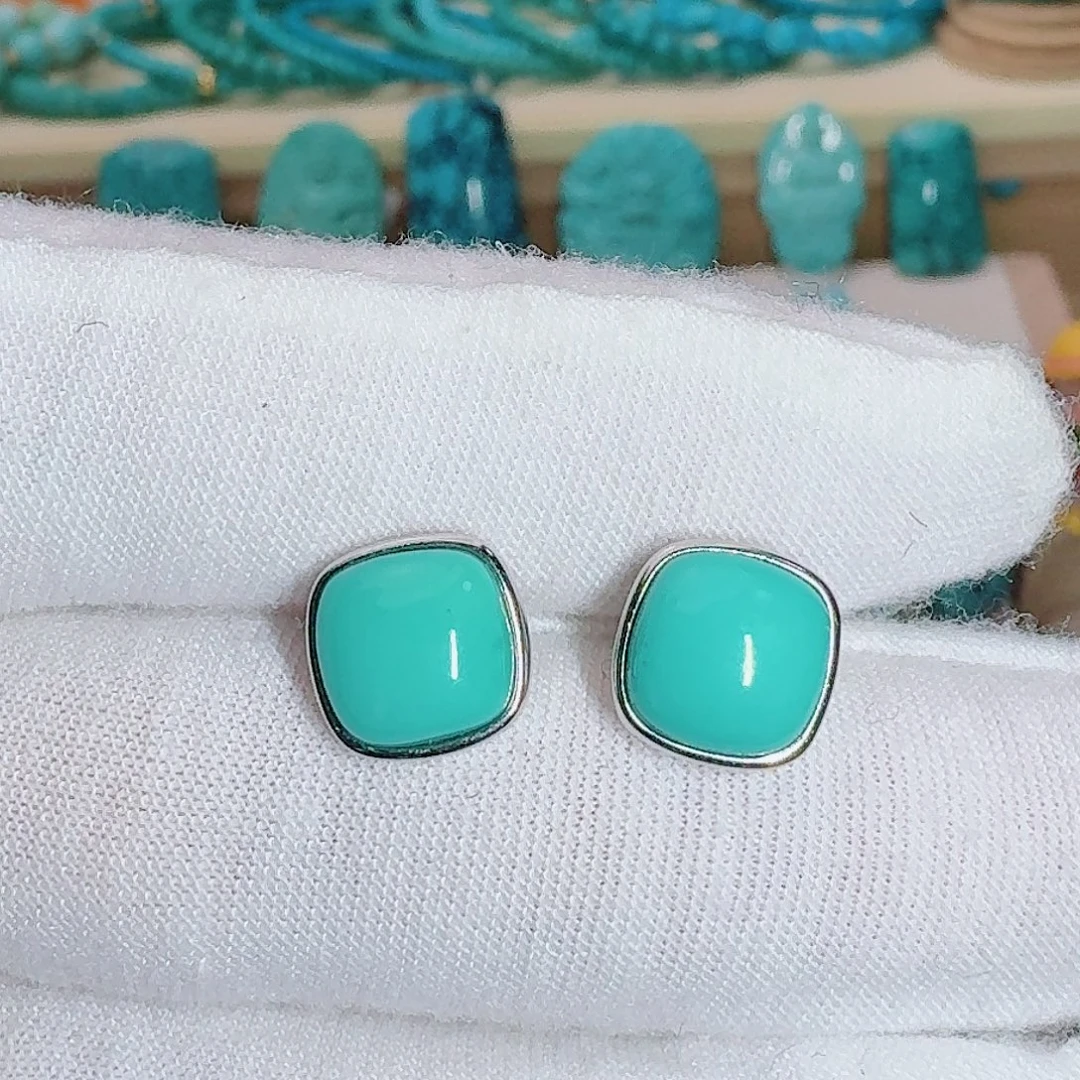 绿松石银S925镶嵌珠宝奇石简约方糖耳钉