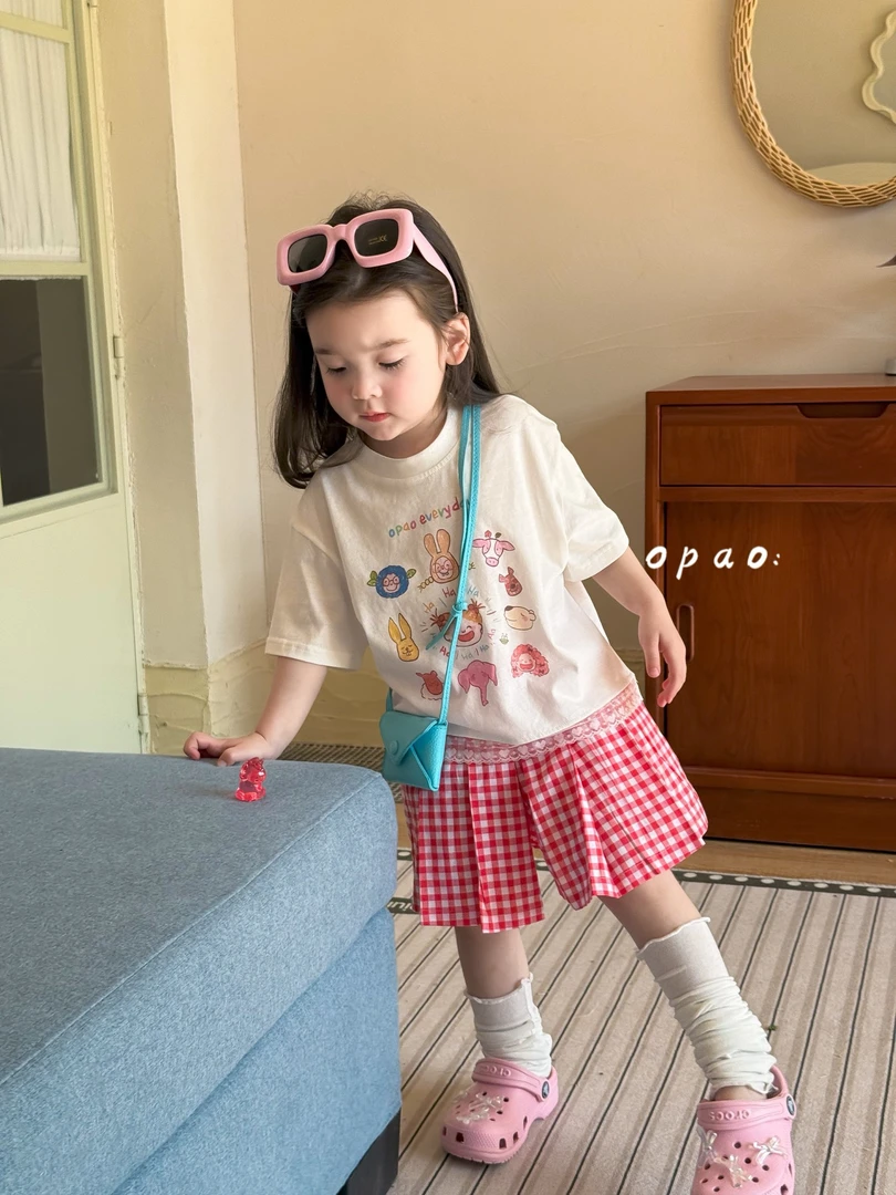 【opao】2025夏季卡通印花短袖红色格子裙裤两件套