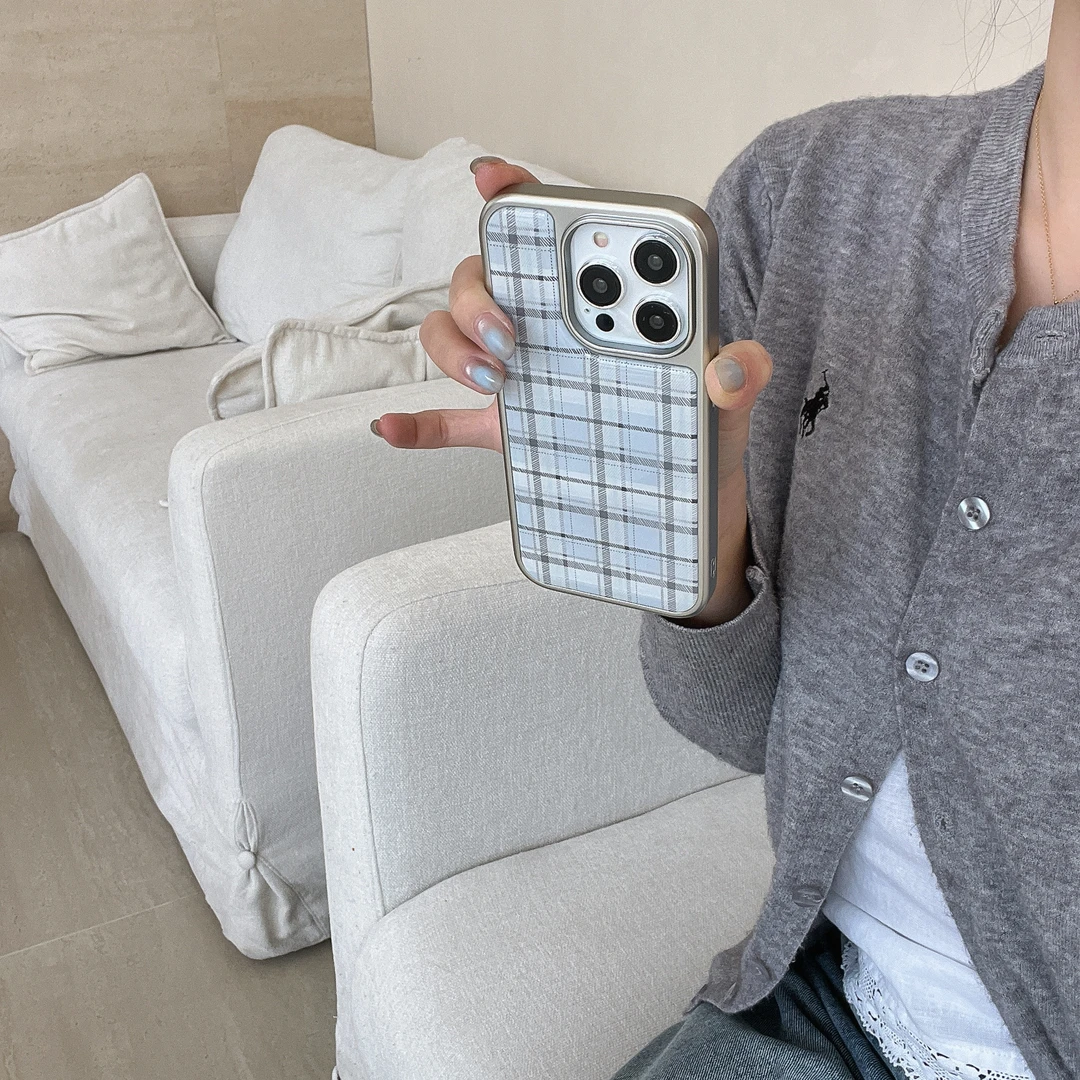 韩系奶蓝格子适用iPhone14苹果16ProMax手机壳15新款13软