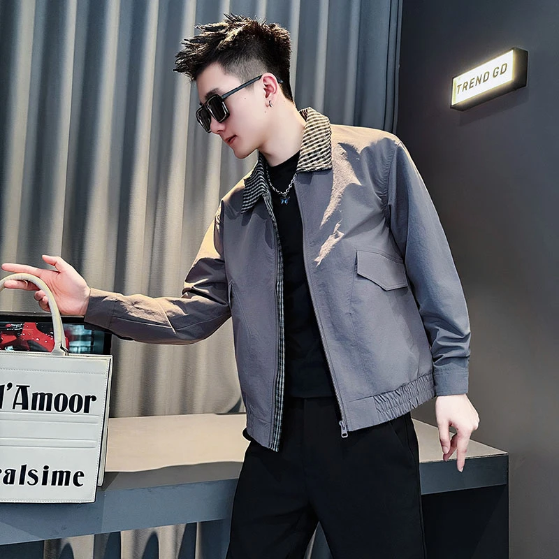 假两件拼色翻领夹克男士春秋季潮流痞帅男装上衣2025新款短款外套