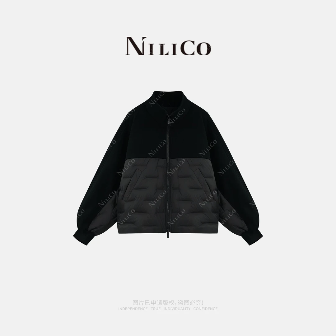 NILICO【浪漫格调】简约休闲立领双开拉链撞料拼接蝙蝠袖鹅绒服