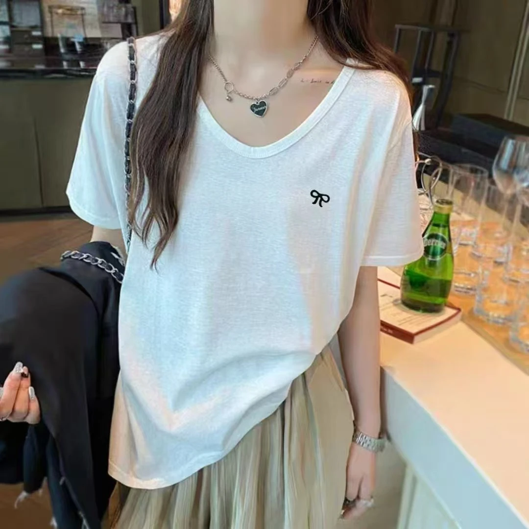 V领短袖刺绣常规女士冰丝白色T恤简约显瘦休闲英伦风