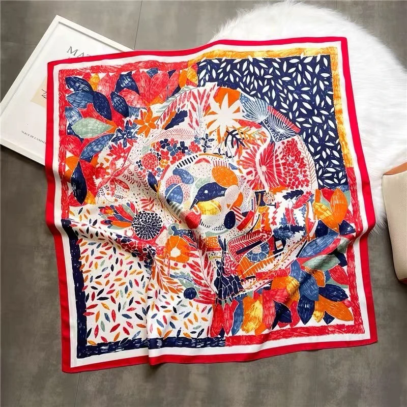 K01红色油画丝巾女百搭70cm中方巾