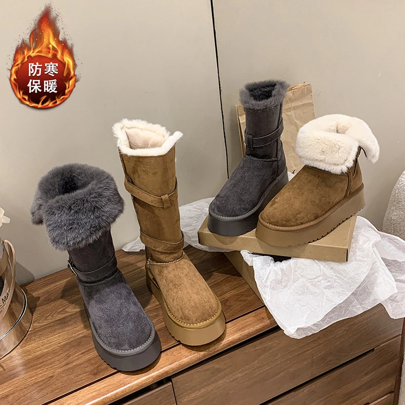 今年流行爆款长筒灰色雪地靴女2025冬新款明星同款加绒加厚高筒靴