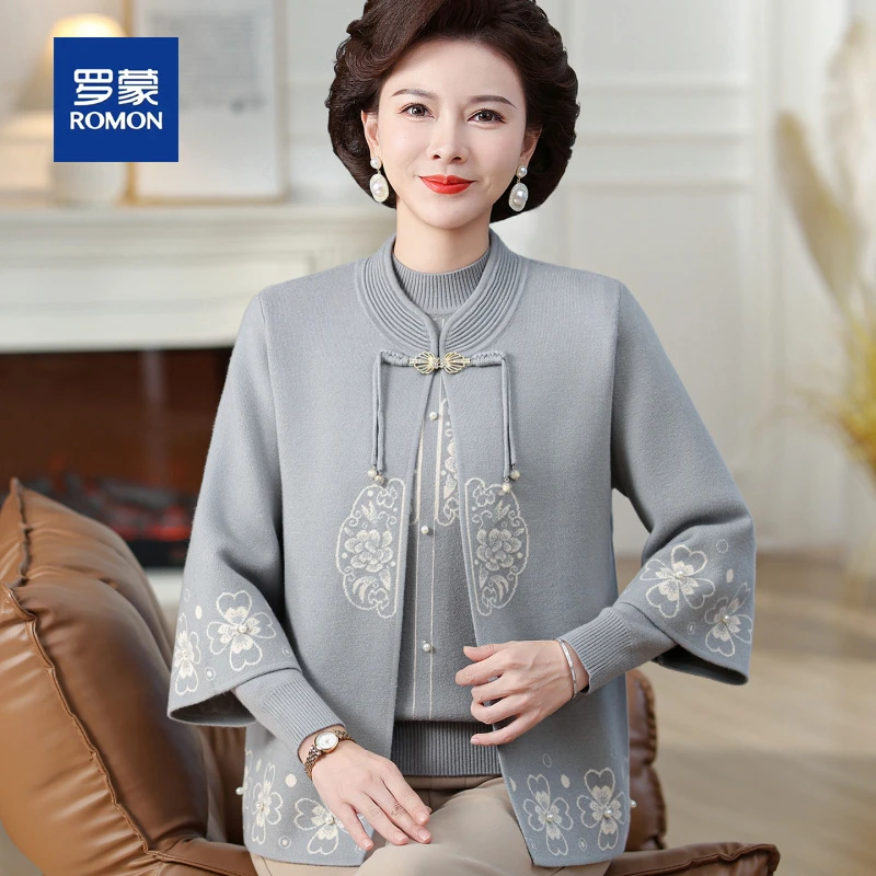 罗蒙秋冬新中式国风妈妈装两件套中老年女装上衣针织开衫毛衣外套