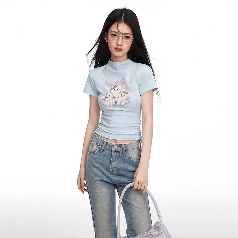 NTOT原创复古天使小猫半高领印花T恤修身显瘦短款上衣NOTTX24087