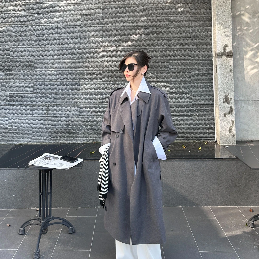 巴黎旧梦经典廓形大翻领双排扣中长款气质风衣女外套