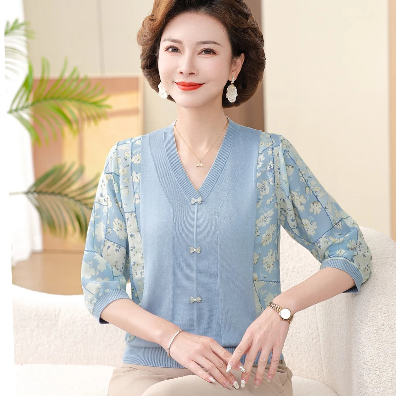 妈妈春装2025新款纱袖打底小衫中老年人女夏季冰丝七分袖T恤薄款