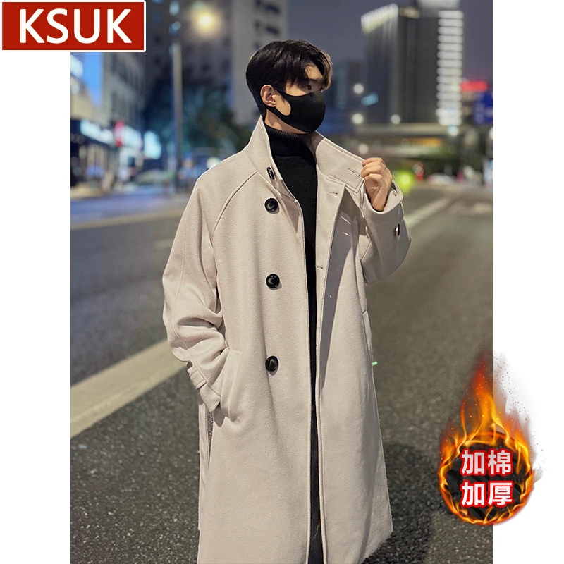 KSUK中长款毛呢大衣秋冬季新款韩版立领加棉加厚帅气大码风衣外套
