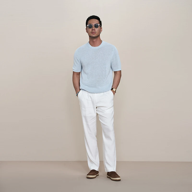 【棉纸纱老钱风亚麻感T恤】2025夏季时尚雅痞绅士休闲针织短袖T
