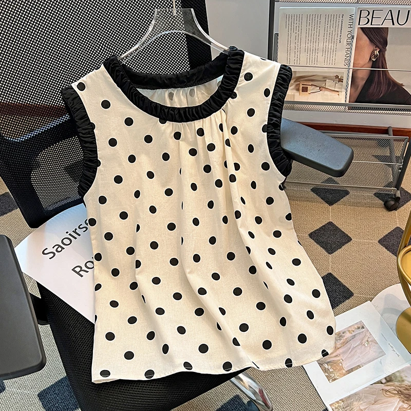 时尚气质简约波点背心女2025新款夏季宽松显瘦百搭打底衫无袖上衣