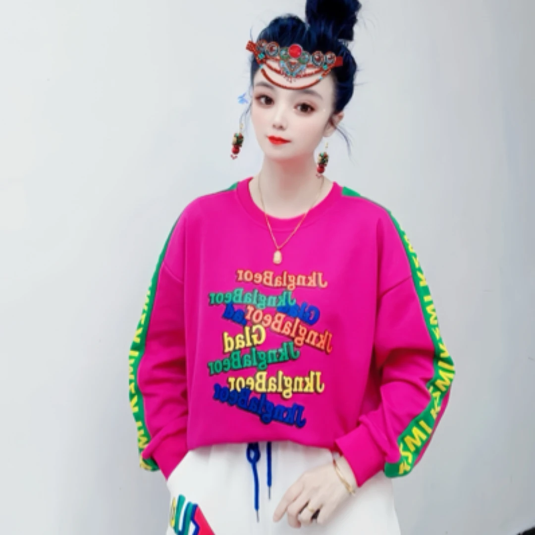 齐小姐新款圆领拼接字母印花时尚休闲百搭宽松减龄洋气潮流女卫衣