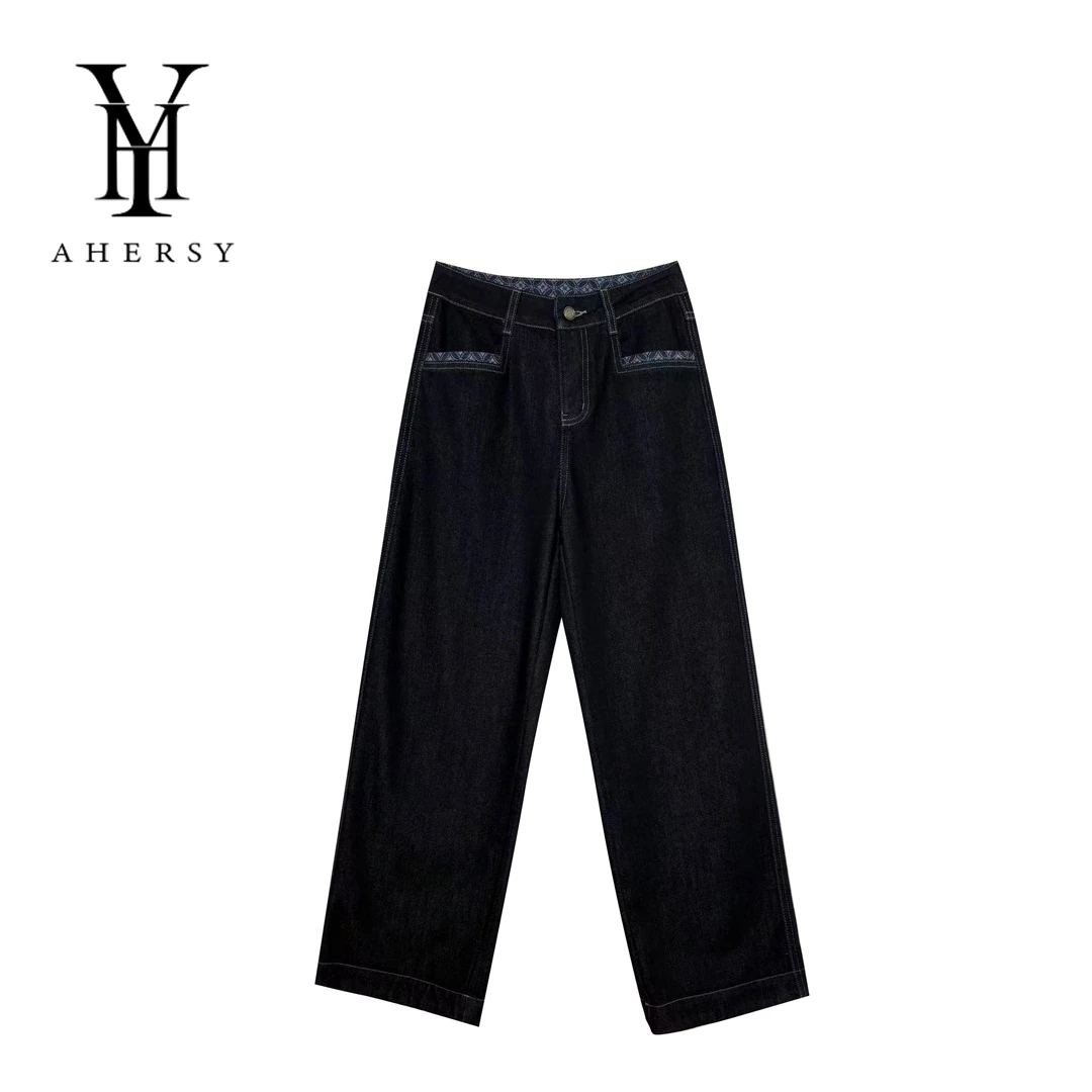 AHERSY-牛仔裤C80女士春秋季新款高腰垂感显瘦阔腿喇叭裤子B93