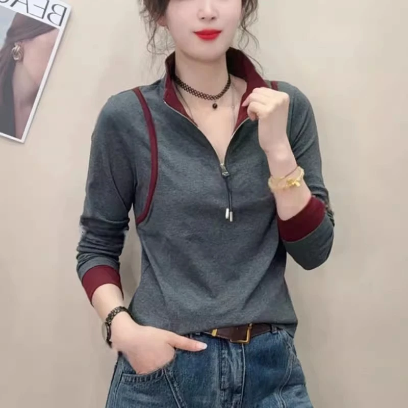 立领半拉链长袖T恤女2025秋季新款韩版时尚拼接撞色洋气百搭上衣