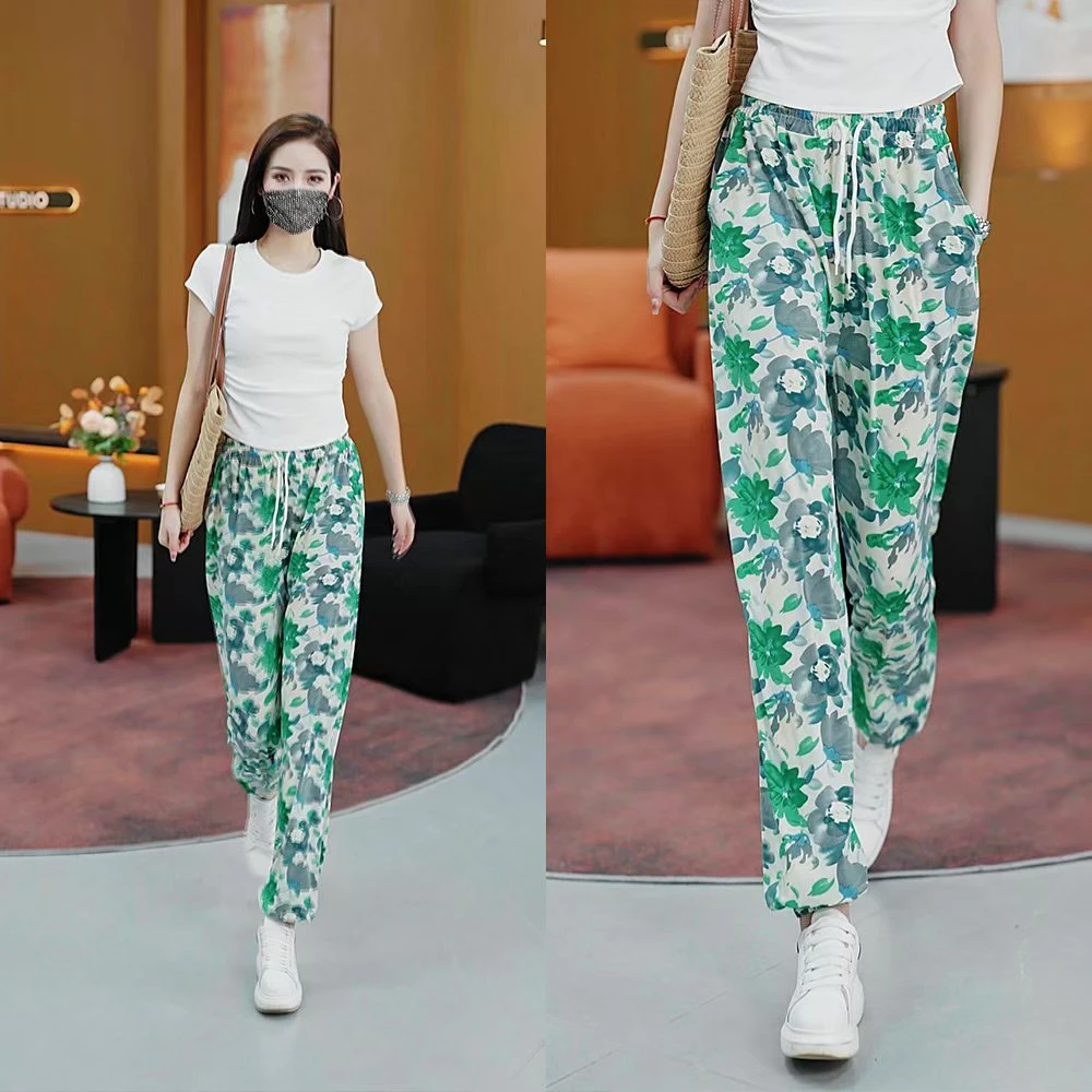 2025正品爆款夏季洋气时尚薄款宽松印花名族风冰丝裤防蚊裤休闲