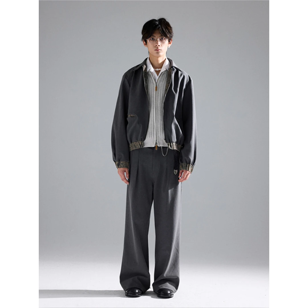 TAICHIISM“暗纹花边”高知感暗条纹短宽翻领拼接拉链老钱夹克