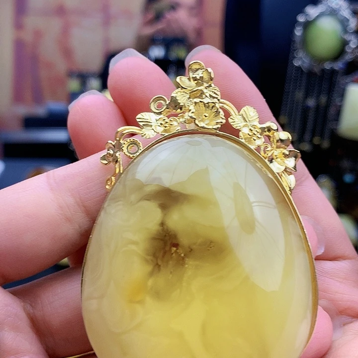 琥珀裸石银S925镶嵌坠