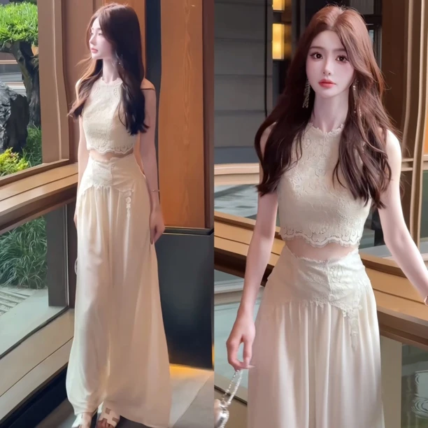 时尚套装【多情夏威夷】优雅甜美精致睫毛蕾丝上衣+裤子一整套女潮