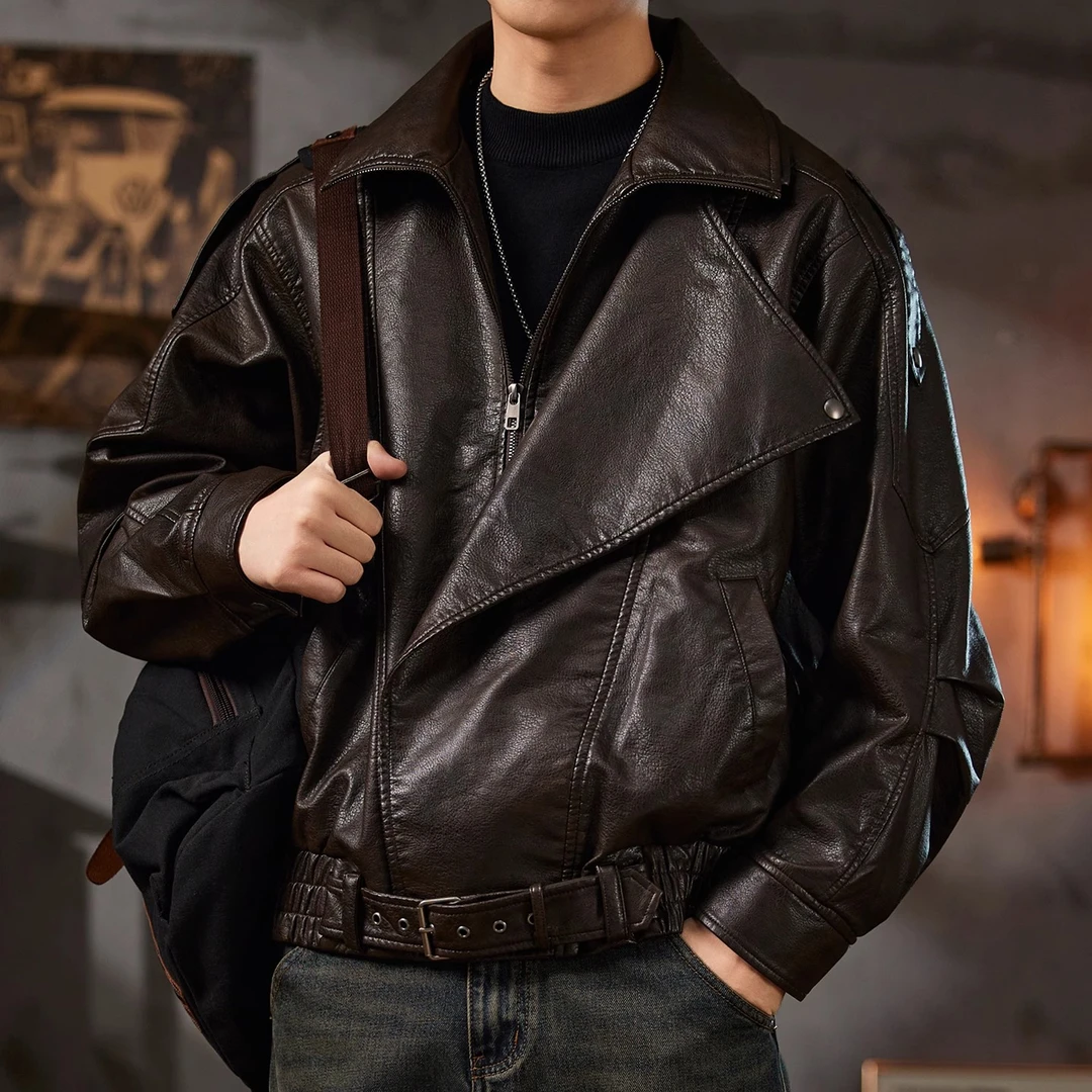 复古机车皮衣外套男士美式高街宽松立领夹克潮流高级感休闲机车服