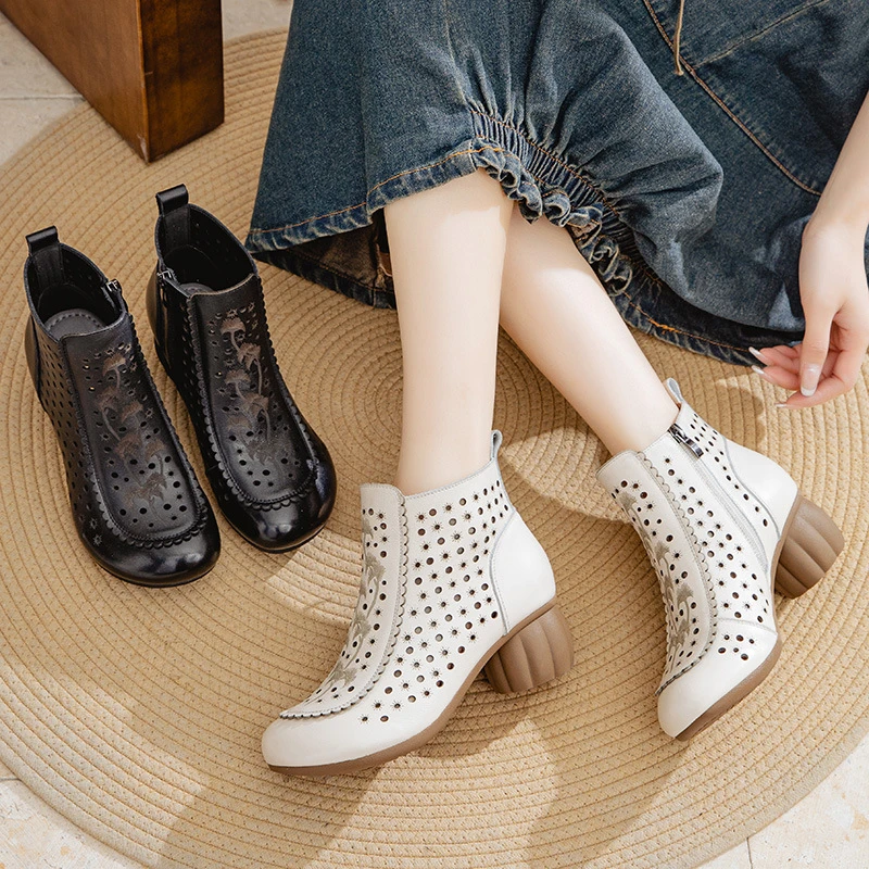 2025春夏真皮女靴手工复古镂空女鞋中跟妈妈鞋高帮牛皮凉鞋11厚底