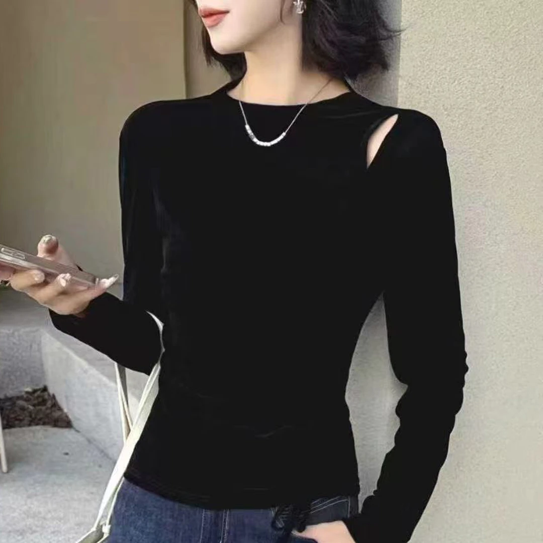 高级感丝绒打底衫女2025秋装新款小众镂空上衣显瘦抽绳设计感小衫