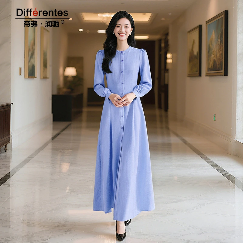 帝弗润驰秋季新款紫色简约圆领长袖连衣裙女优雅气质减龄冰丝长裙