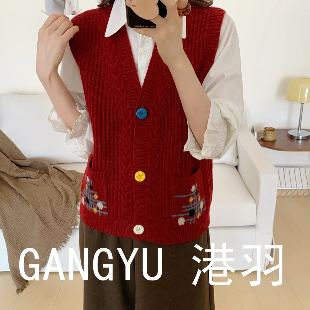 GANGYU/港羽开衫马甲马夹时尚宽松针织女装洋气马甲棋盘格
