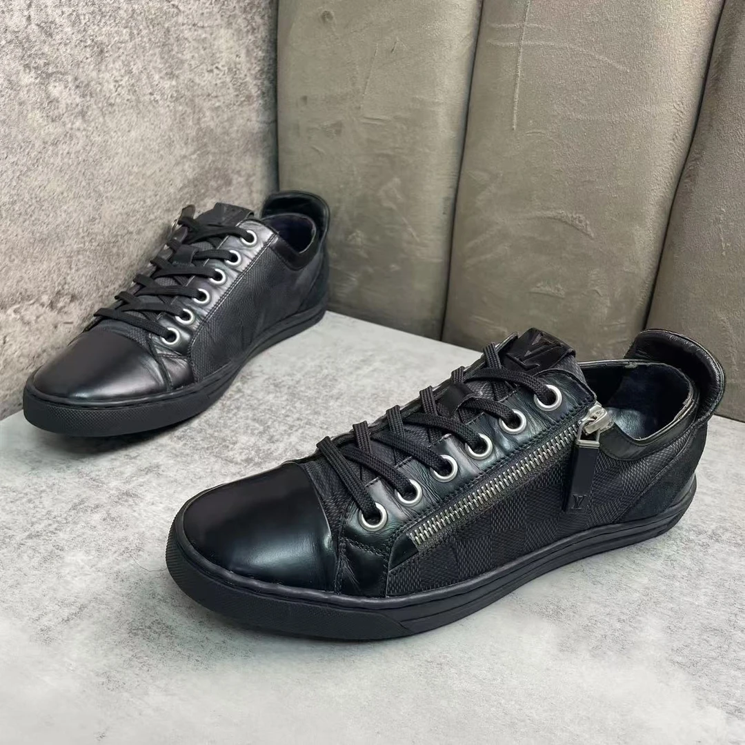 95新 LouisVuitton/路易威登 黑色棋盘格侧翼拉链板鞋/39码