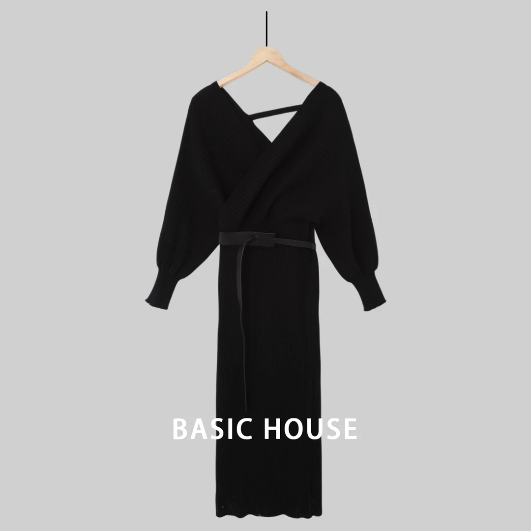 Basic House百家好冬季气质显瘦设计师款针织腰带针织连衣裙LO22