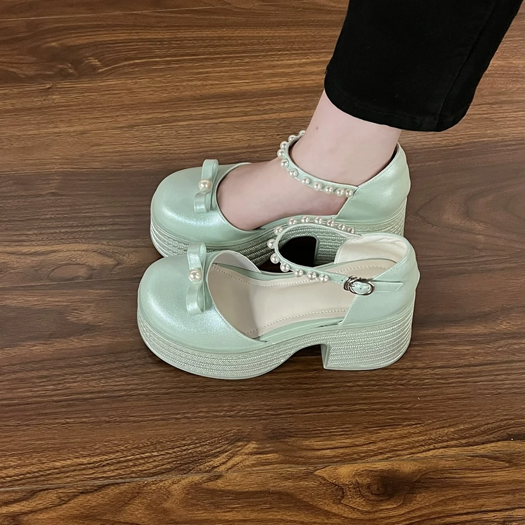 8cm圆头粗跟玛丽珍单鞋女厚底新款欧美高跟浅口时尚百搭漆皮单鞋