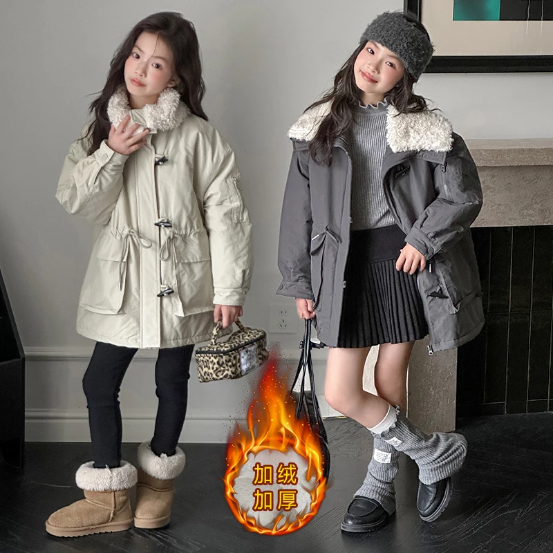 小女孩女童秋冬毛领派克服中长款6-12岁洋气韩范加绒外套棉服加厚