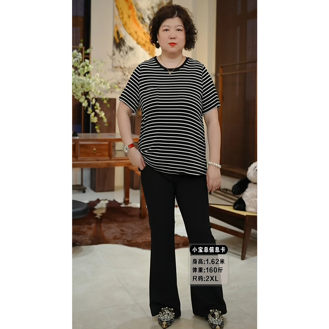 金雀绫【北回归线】时尚简约休闲条纹针织加宽加大小衫SZA2SL539